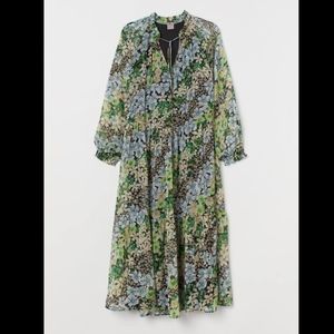 H&M blue green floral chiffon boho maxi dress M